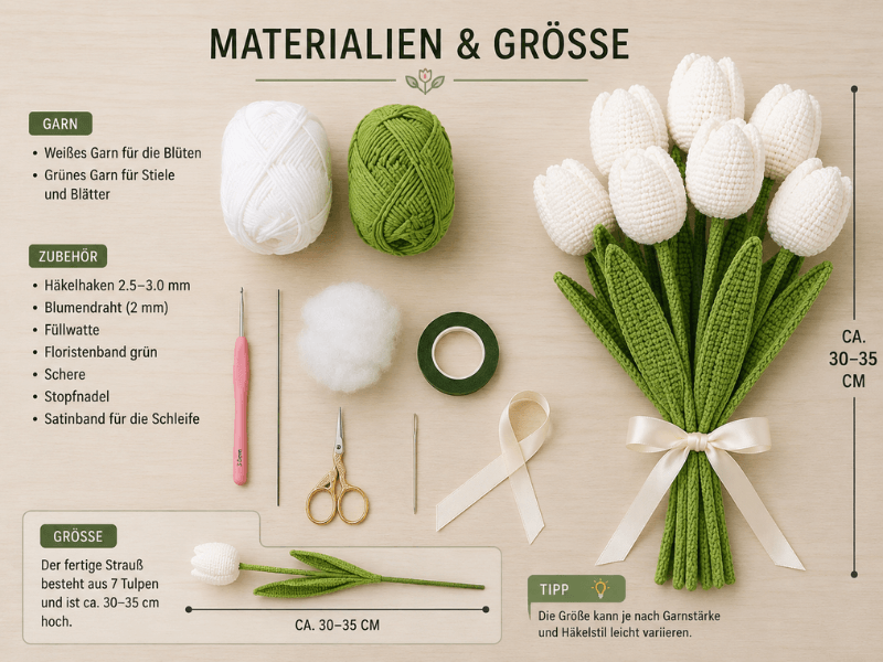 Materialien zum Häkeln eines Straußes aus weißen Tulpen