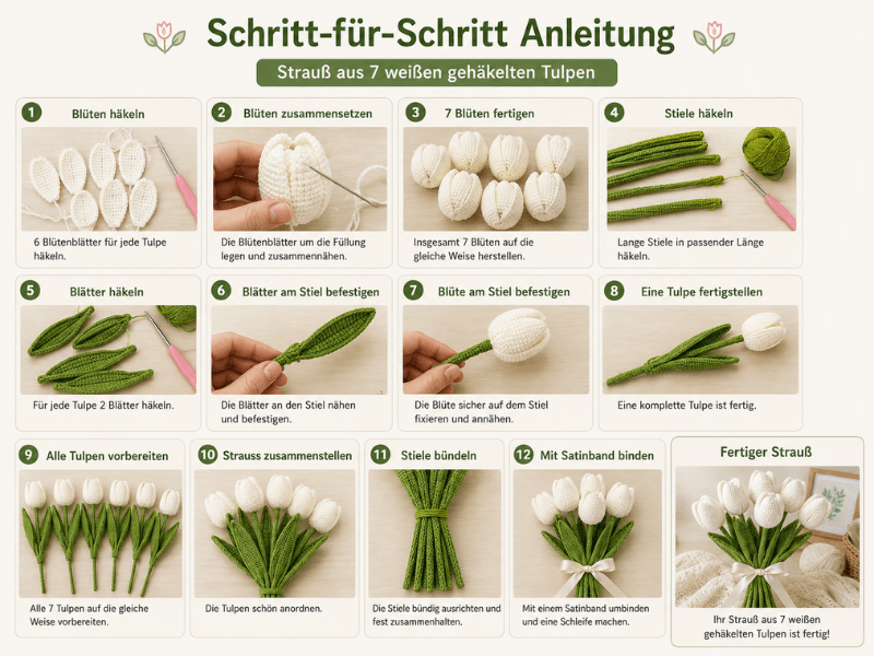 Schritt-für-Schritt-Anleitung für 7 gehäkelte weiße Tulpen