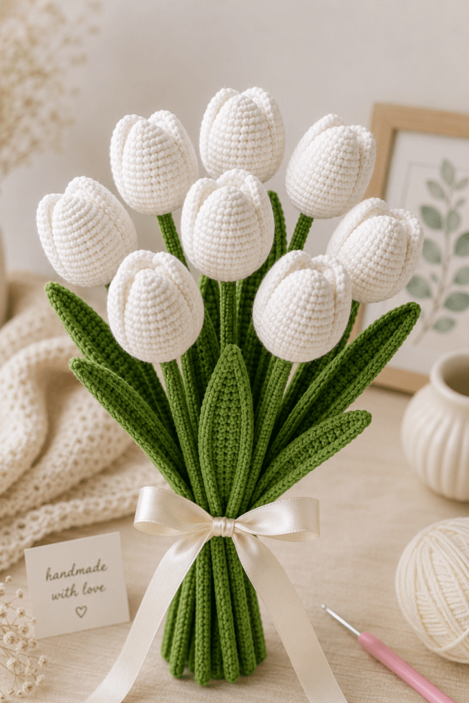 7 weiße gehäkelte Tulpen als dekorativer Blumenstrauß mit Satinband