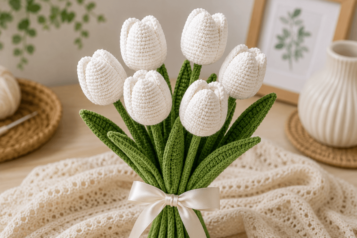 Strauß aus 7 weißen gehäkelten Tulpen mit grünen Blättern und Satinband