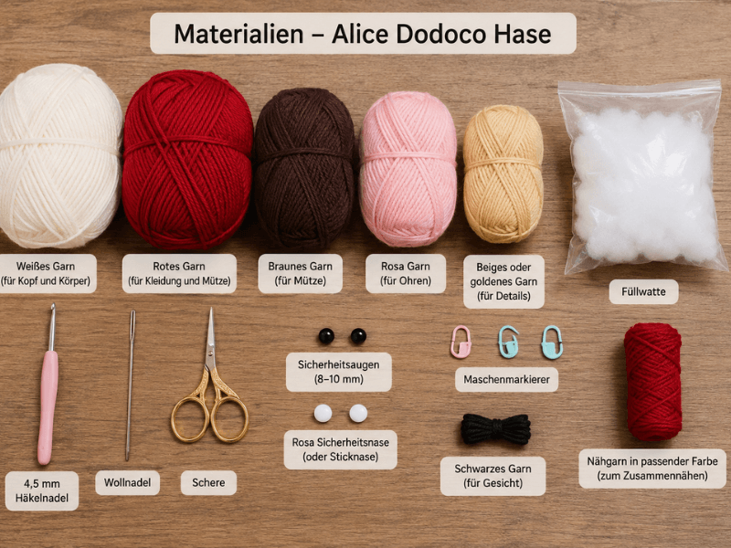 Materialien für die Alice Dodoco Hase Häkelanleitung