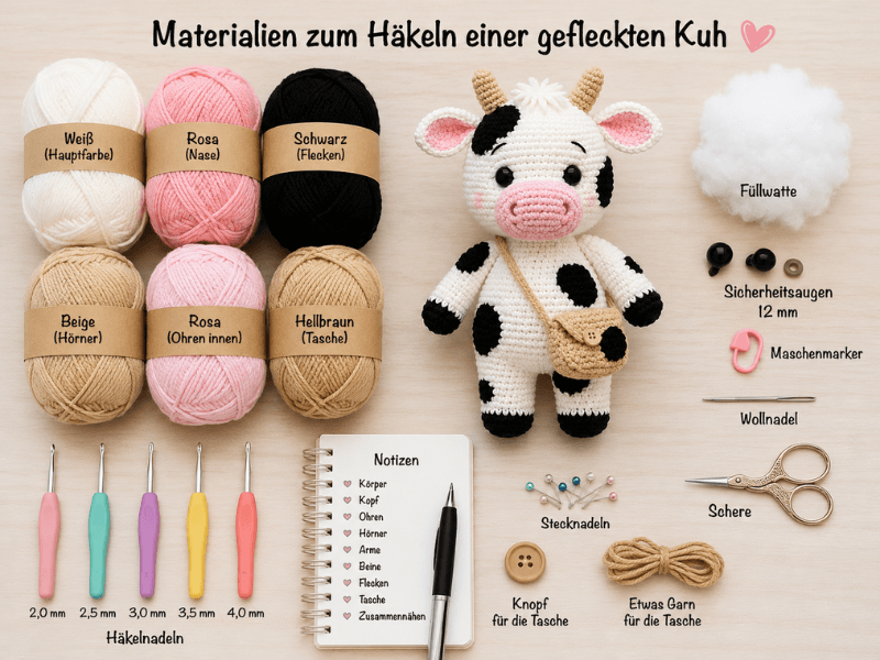 Materialien zum Häkeln einer gefleckten Kuh Schritt für Schritt