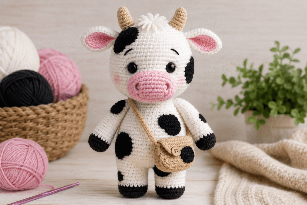 Gefleckte Kuh häkeln – niedliche Amigurumi-Kuh mit kleiner Tasche