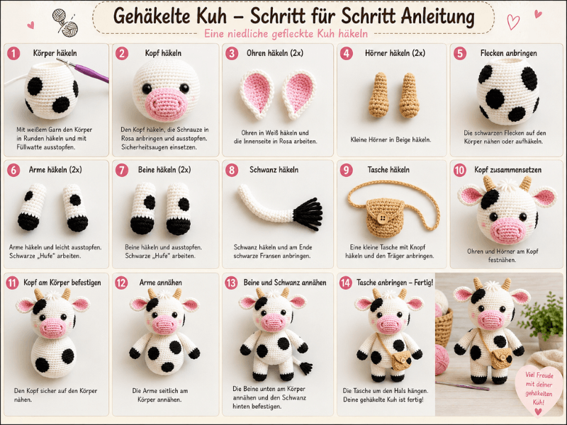 Gefleckte Kuh häkeln – fertige Amigurumi-Kuh mit Tasche