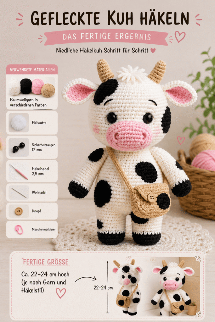 Gefleckte Kuh häkeln – fertige Amigurumi-Kuh mit kleiner Tasche