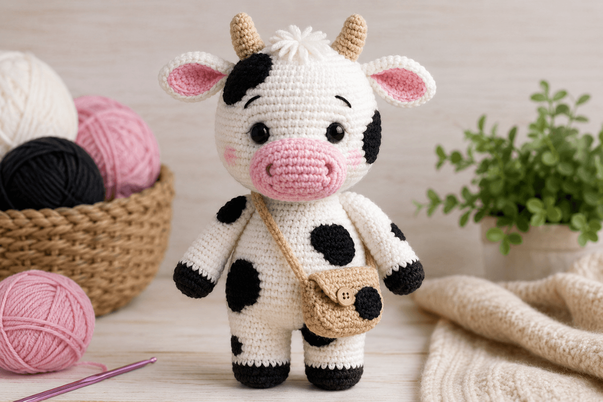 Gefleckte Kuh häkeln – niedliche Amigurumi-Kuh mit kleiner Tasche