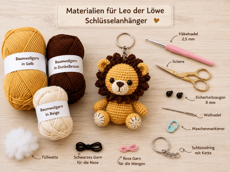 Materialien für einen gehäkelten Löwen-Schlüsselanhänger
