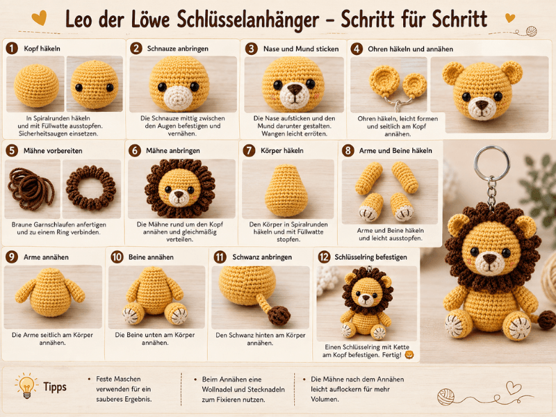 Leo der Löwe Schlüsselanhänger Schritt für Schritt häkeln